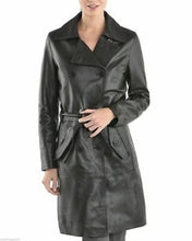 Load image into Gallery viewer, Women's Black Leather Double Breasted Trench Long Coat