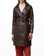 Load image into Gallery viewer, Women's Brown Sheepskin Leather Belted Trench Coat
