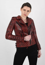 Load image into Gallery viewer, Women's Burnt Red Lambskin Leather Biker Jacket