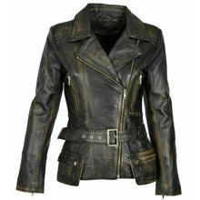 Load image into Gallery viewer, Women's Distressed Biker Motorcycle Leather Jacket
