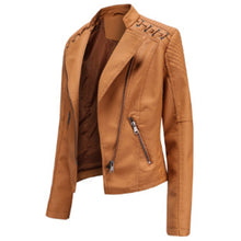 Load image into Gallery viewer, Women's Camel Oblique Zipper Leather Jacket