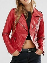 Load image into Gallery viewer, Women's Red Slim Fit Motorcycle Leather Jacket