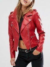 Load image into Gallery viewer, Women's Red Slim Fit Motorcycle Leather Jacket