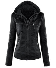 Load image into Gallery viewer, Women's Stylish Hooded Black Leather Biker Jacket