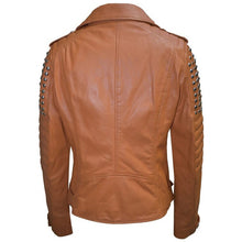 Load image into Gallery viewer, Women's Tan Brown Studded Leather Biker Jacket