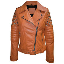 Load image into Gallery viewer, Women's Tan Brown Studded Leather Biker Jacket