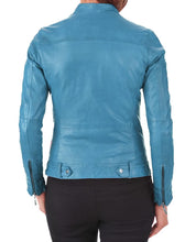 Load image into Gallery viewer, Women's Turquoise Blue Genuine Lambskin Leather Biker Jacket