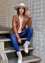 Load image into Gallery viewer, Women's Vintage Brown Zip Up Biker Style Jacket