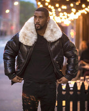 Load image into Gallery viewer, Men's Black V-Bomber Jacket with Off-White Fur Collar