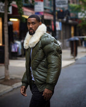 Load image into Gallery viewer, Men V Bomber Jacket - Money Green (Off White Fur)