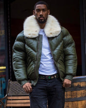 Load image into Gallery viewer, Men V Bomber Jacket - Money Green (Off White Fur)