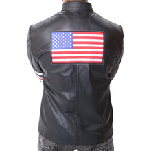 Load image into Gallery viewer, Men's Captain America Easy Rider Biker Motorcycle Leather Jacket in classic black, made from real leather with a viscose lining, snap tab collar, and zippered cuffs for style and comfort.