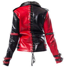 Load image into Gallery viewer, Harley Quinn Heartless Asylum Studded Biker Red and Black Costume Real Leather Jacket