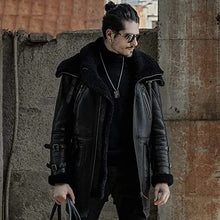 Load image into Gallery viewer, Black Shearling Leather Long Coat - Sheepskin Coat