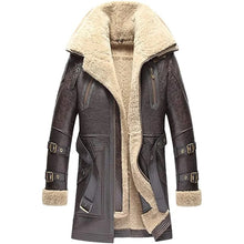 Load image into Gallery viewer, Mens Brown Classic Fashion Long Style Leather Shearling Sheepskin Coat Fur Collar