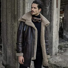 Load image into Gallery viewer, Men&#39;s Brown Long Shearling Sheepskin Coat with Fur Collar

