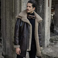 Load image into Gallery viewer, Men's Brown Long Shearling Sheepskin Coat with Fur Collar