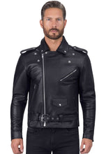 Load image into Gallery viewer, mens classic black leather biker jacket