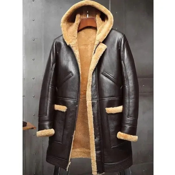 Shop RAF Hooded Shearling Leather Coat Sheepskin Long Coat