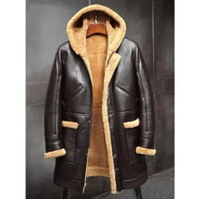 Load image into Gallery viewer, Mens RAF Hooded Shearling Fur Sheepskin Leather Long Jacket Winter Coat