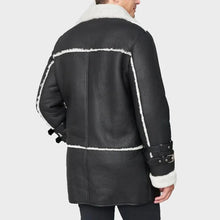 Load image into Gallery viewer, mens shearling sheepskin car coat in black back