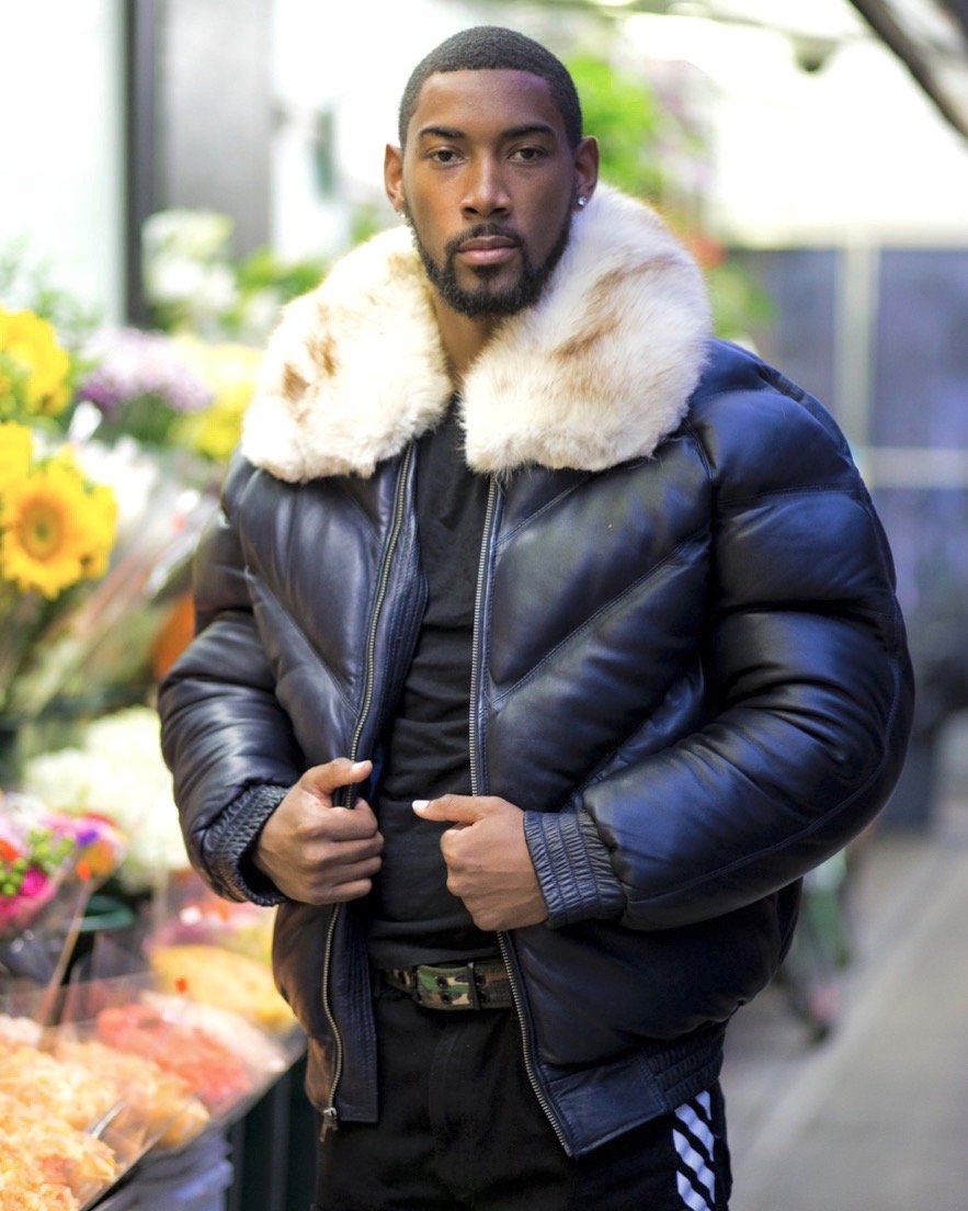 Men V Bomber Jacket Navy Blue (Off White Fur)