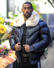Load image into Gallery viewer, Men V Bomber Jacket - Navy Blue (Off White Fur) - V Jacket