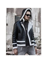 Load image into Gallery viewer, Men's Hooded Sheepskin Shearling Leather Jacket - Short Bomber Coat