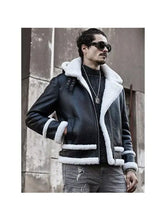 Load image into Gallery viewer, Men's Hooded Sheepskin Shearling Leather Jacket - Short Bomber Coat