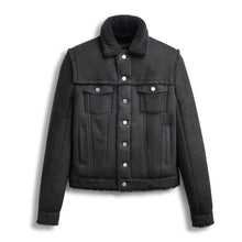 Load image into Gallery viewer, Men's Black Suede Leather Shearling Bomber Jacket with soft suede exterior, exposed shearling seams, shearling-lined interior, rust-proof stud buttons, and multiple pockets for warmth and style.