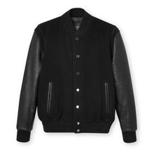 Load image into Gallery viewer, Men&#39;s Black Varsity Leather Bomber Jacket
