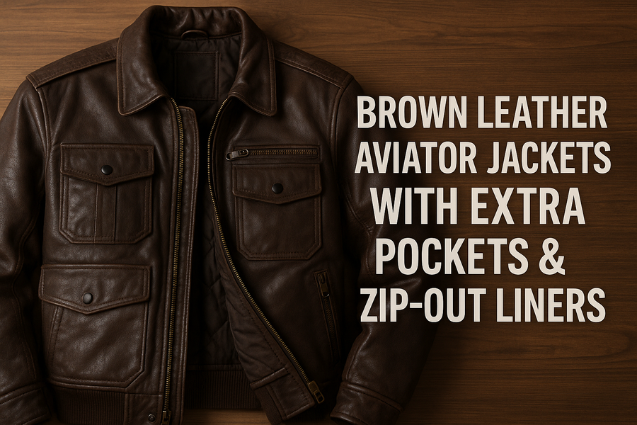 Brown Leather Aviator Jackets with Extra Pockets & Zip-Out Liners