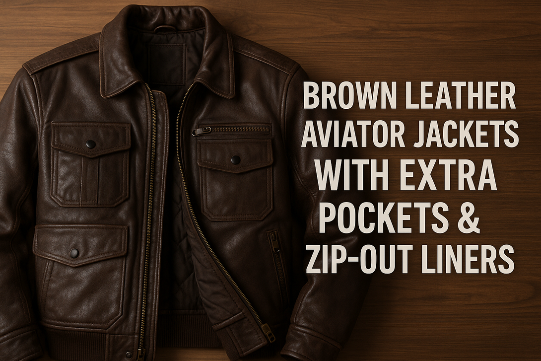 Brown Leather Aviator Jackets with Extra Pockets & Zip-Out Liners