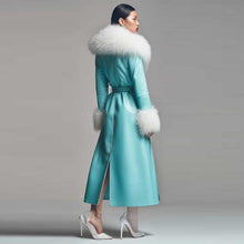 Load image into Gallery viewer, Aqua Blue Leather Trench Coat with White Fox Fur
