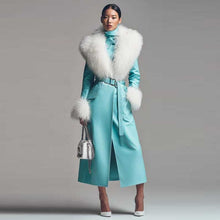 Load image into Gallery viewer, Aqua Blue Leather Trench Coat with White Fox Fur
