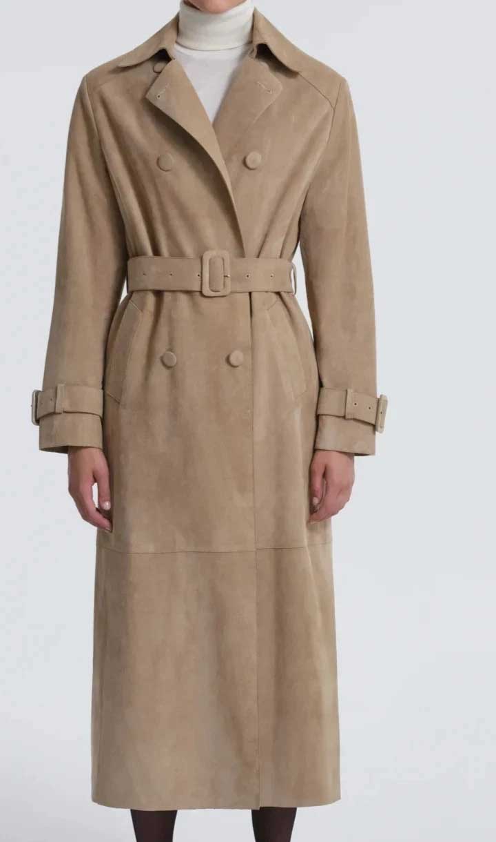 Beige Suede Leather Trench Coat for Women