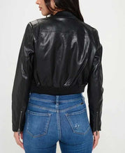Load image into Gallery viewer, Black Cropped Lambskin Leather Biker Moto Jacket for Women
