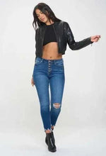 Load image into Gallery viewer, Black Cropped Lambskin Leather Biker Moto Jacket for Women
