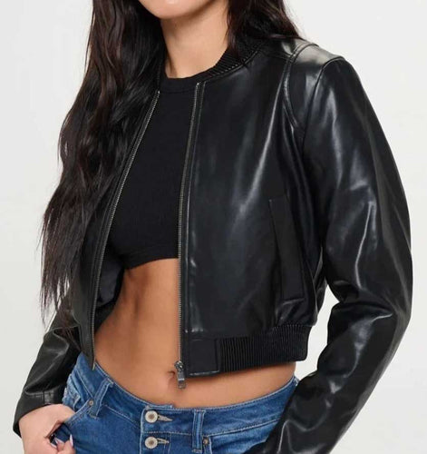 Black Cropped Lambskin Leather Biker Moto Jacket for Women