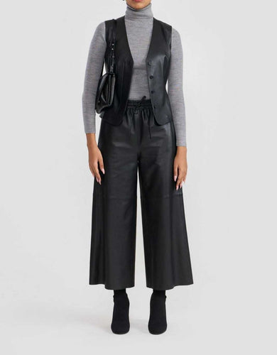 Black Lambskin Leather Wide Leg Pants for Women