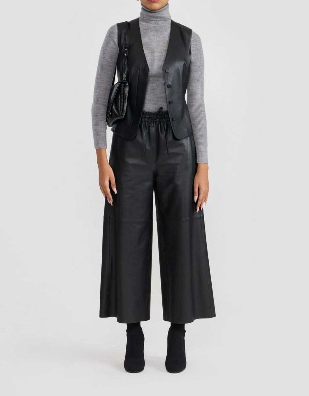 Black Lambskin Leather Wide Leg Pants for Women