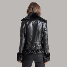 Load image into Gallery viewer, Black Leather Biker Jacket with Genuine Fur Collar and Trim
