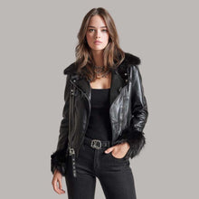 Load image into Gallery viewer, Black Leather Biker Jacket with Genuine Fur Collar and Trim
