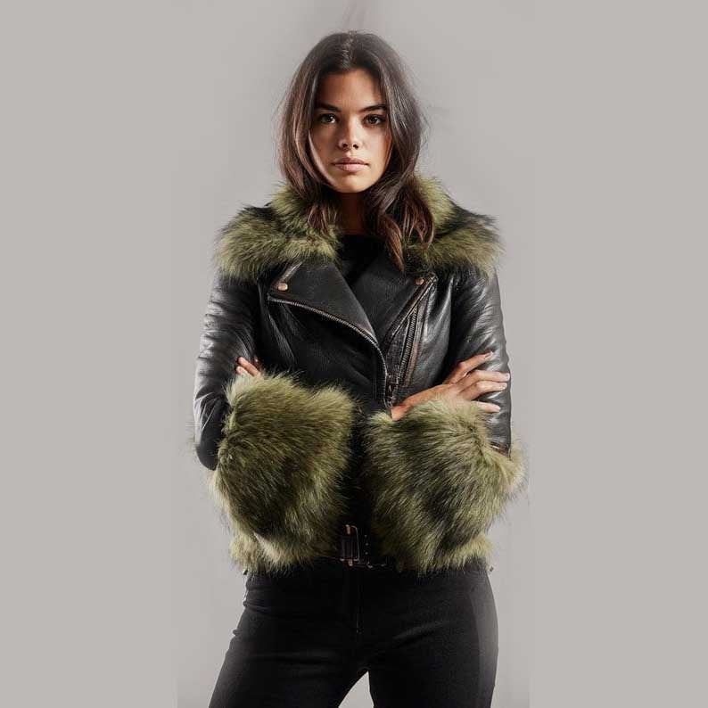 Black Leather Biker Jacket with Green Faux Fur Collar and Trim