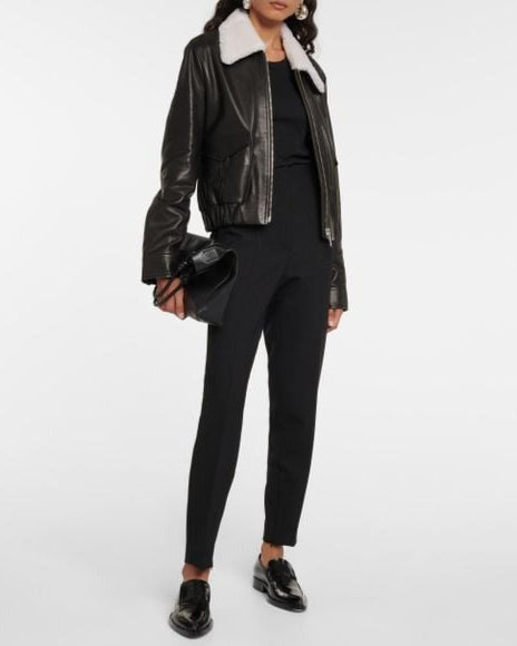 Black Leather Jacket for Women with White Shearling
