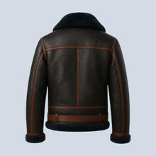 Load image into Gallery viewer, Black Sheepskin Aviator Bomber Jacket with Blue Fur for Men

