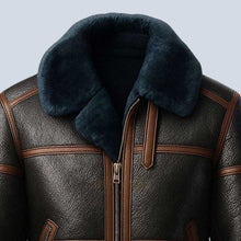 Load image into Gallery viewer, Black Sheepskin Aviator Bomber Jacket with Blue Fur for Men
