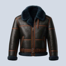 Load image into Gallery viewer, Black Sheepskin Aviator Bomber Jacket with Blue Fur for Men
