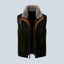 Load image into Gallery viewer, Black Sheepskin Leather Vest with Gray Fur Collar for Men
