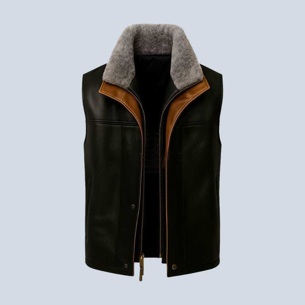 Black Sheepskin Leather Vest with Gray Fur Collar for Men